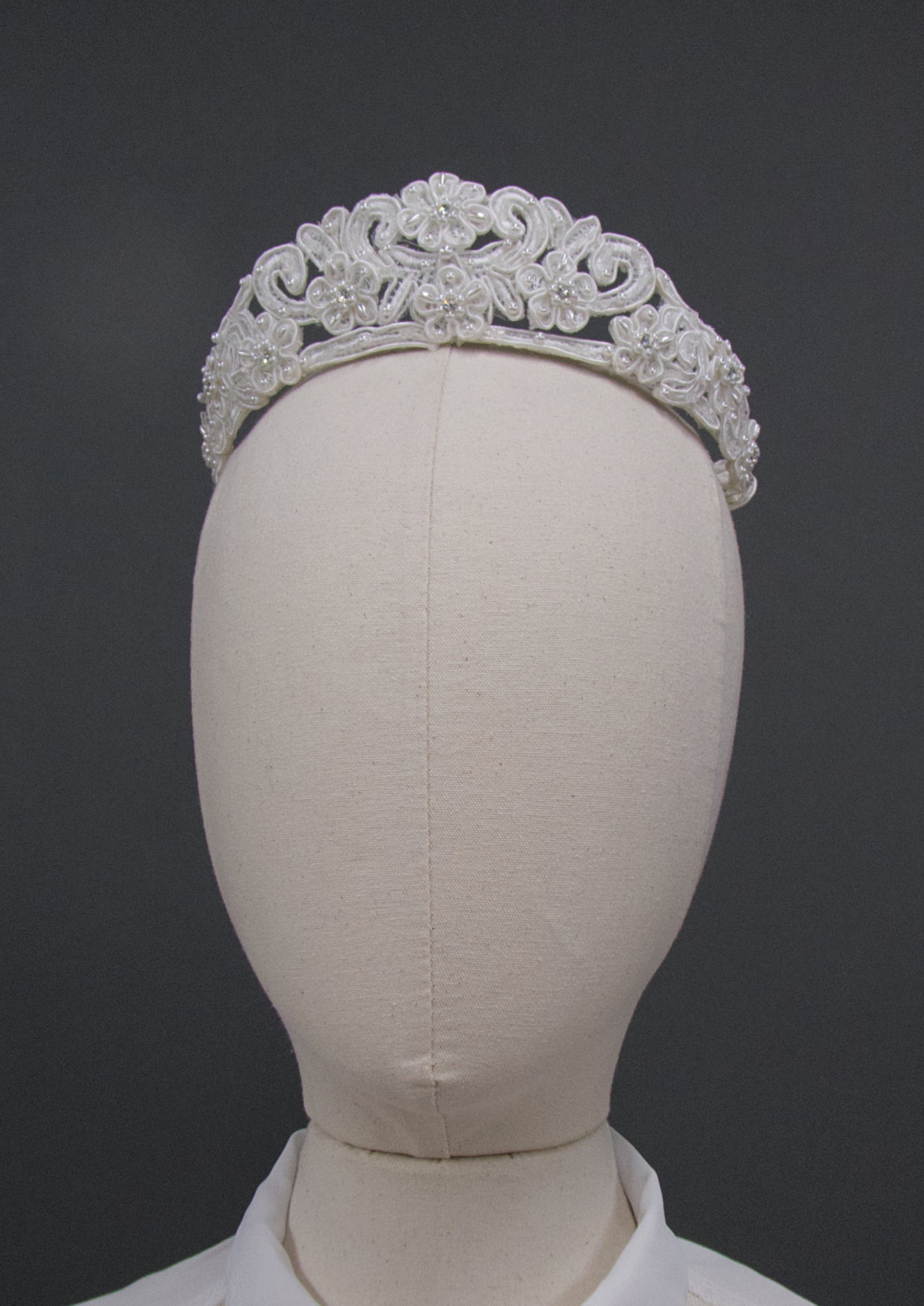 Vintage 1980s White Rhinestone Center Floral Beaded Crown