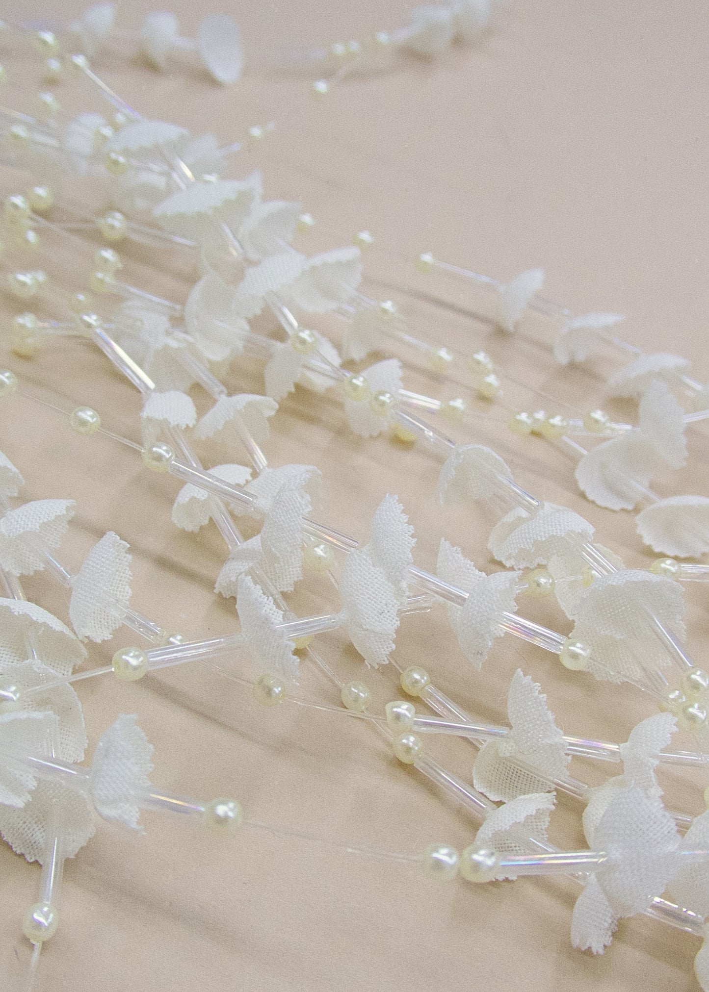 Extra Long White Floral Bud & Faux Pearl Beaded Bridal Spray