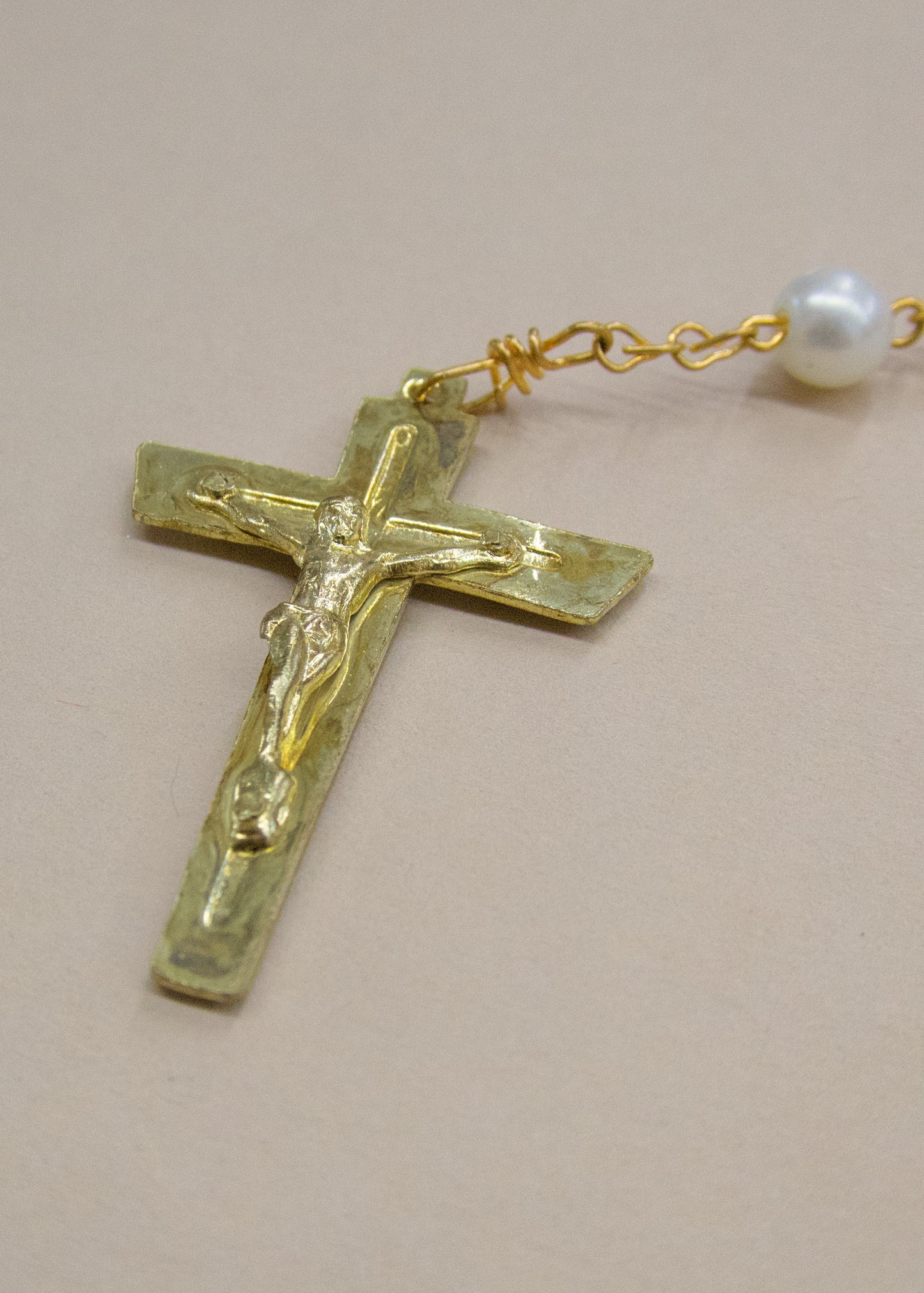 Vintage Faux Pearl & Gold Square Cross Rosary