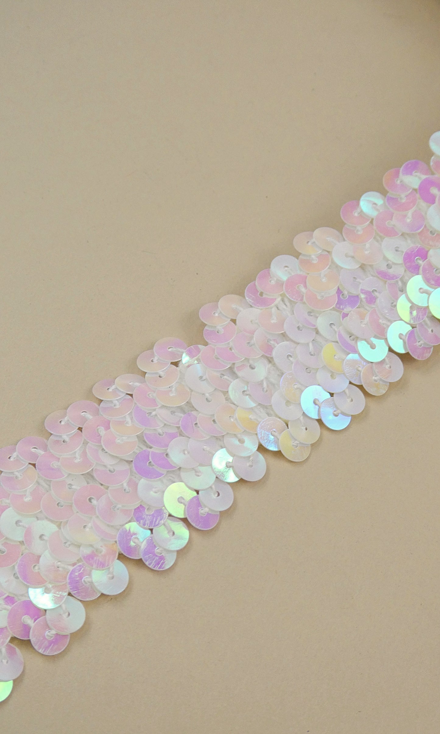 Pink Ivory Iridescent Elastic Sequin Trim, Sold by the yard