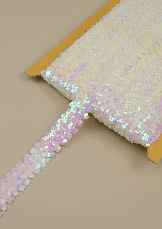 Pink Ivory Iridescent Elastic Sequin Trim, Sold by the yard