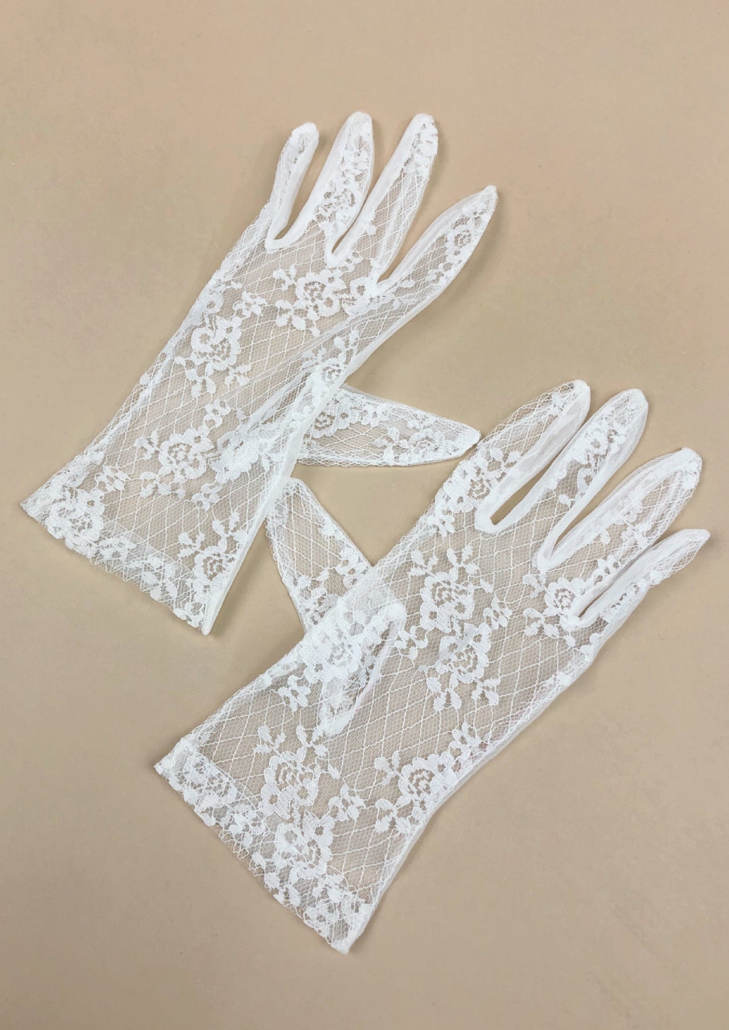 sheer white gloves with rose lace design