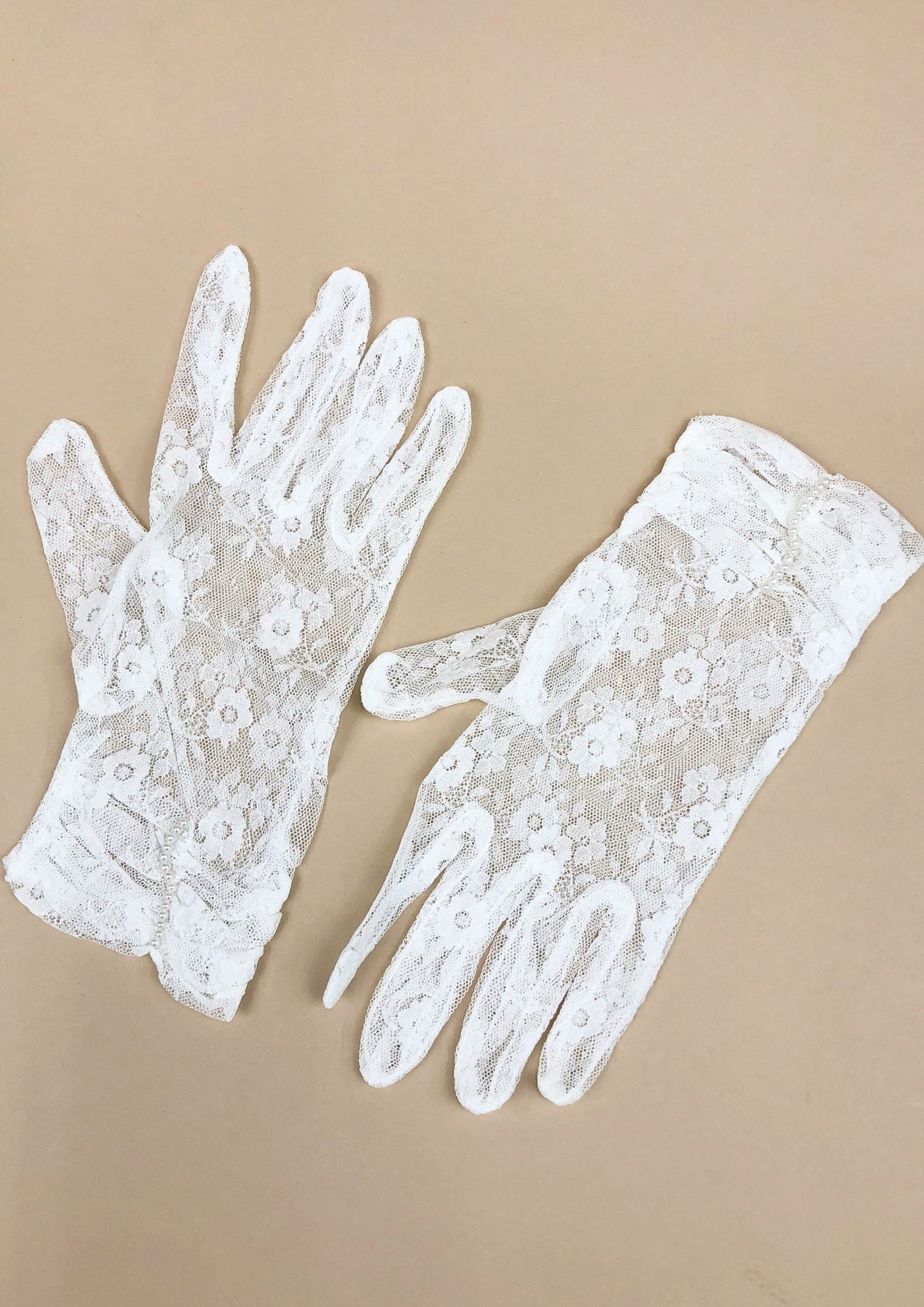 dainty white lace gloves with pearl detail